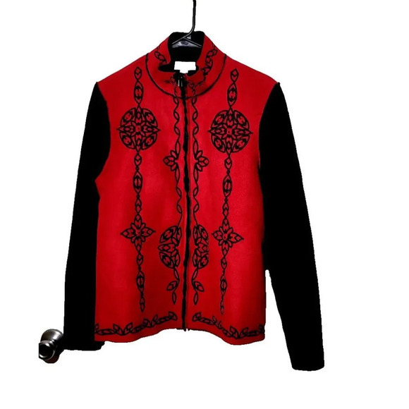 Coldwater Creek Jackets & Blazers - Coldwater Creek Jacket L Faux Suede Embroidered Full Zip Red Artsy Fleece Lined